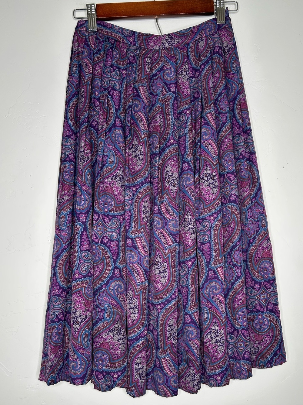 Vintage Pendleton Purple Blue Paisley Pleated Midi Skirt Size 6 Petite 26" Waist